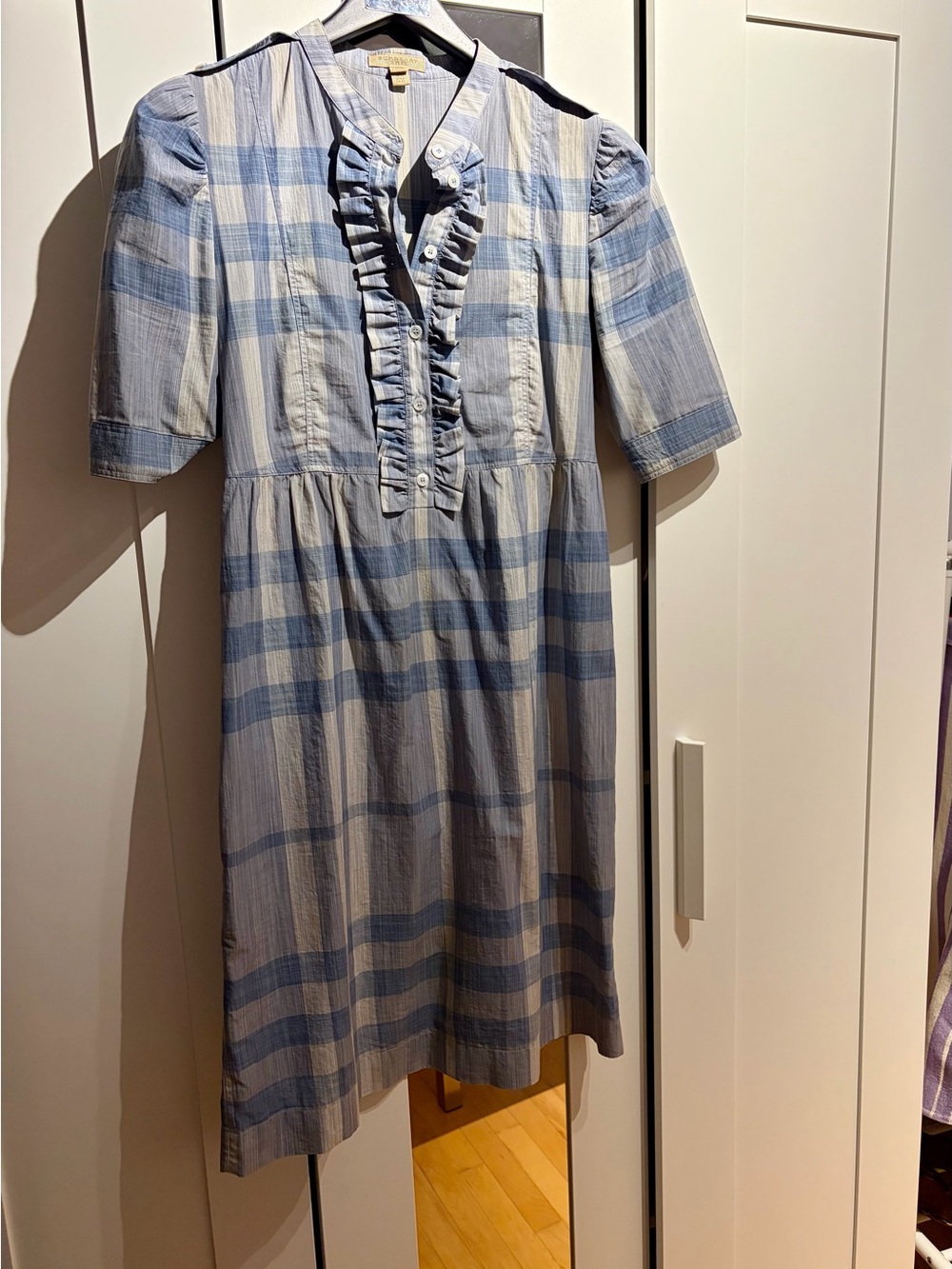 Burberry Blue and Cream Plaid Ruffle-Front Mini Dress